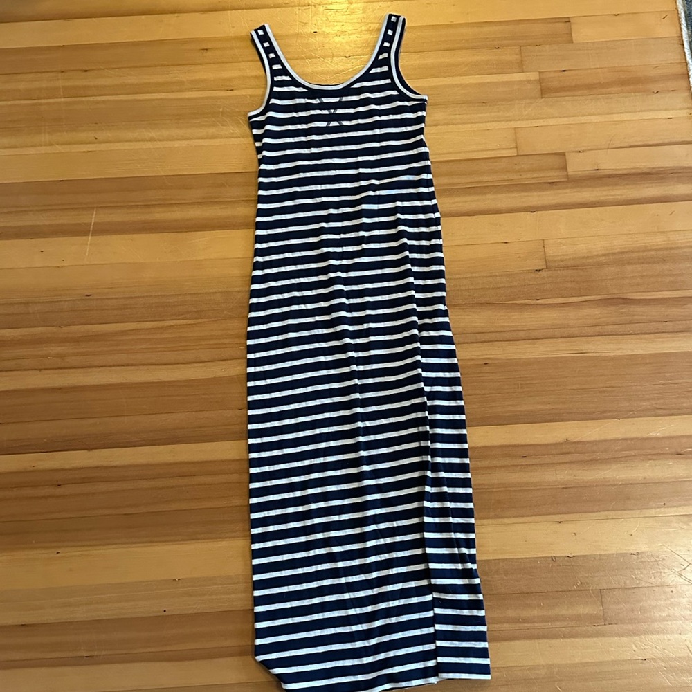 LOFT Navy and Cream Striped Dress